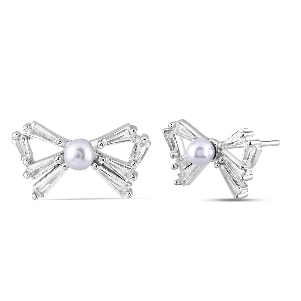 Silver Pearl-kissed Bow Earrings