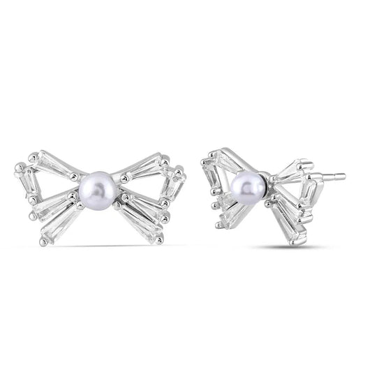 Silver Pearl-kissed Bow Earrings