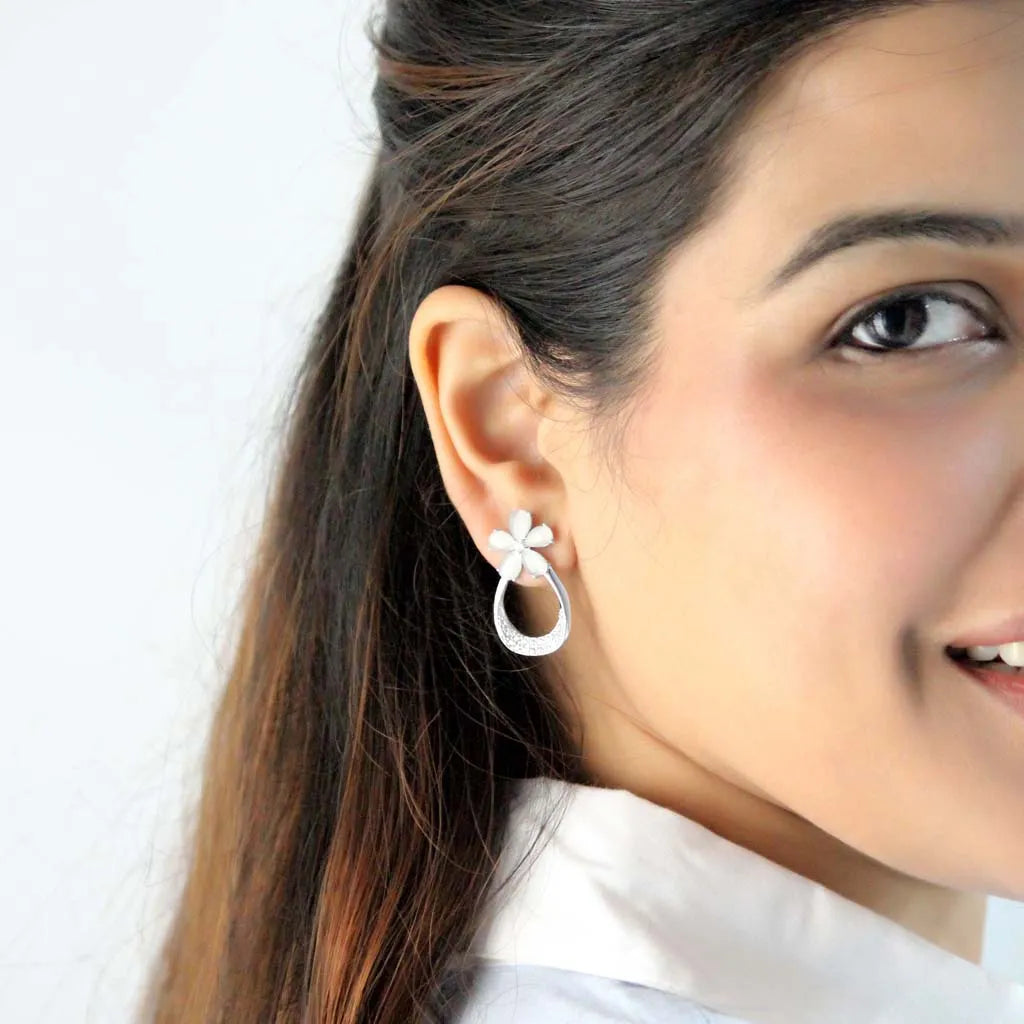 Silver Blossom Halo Drop Earrings