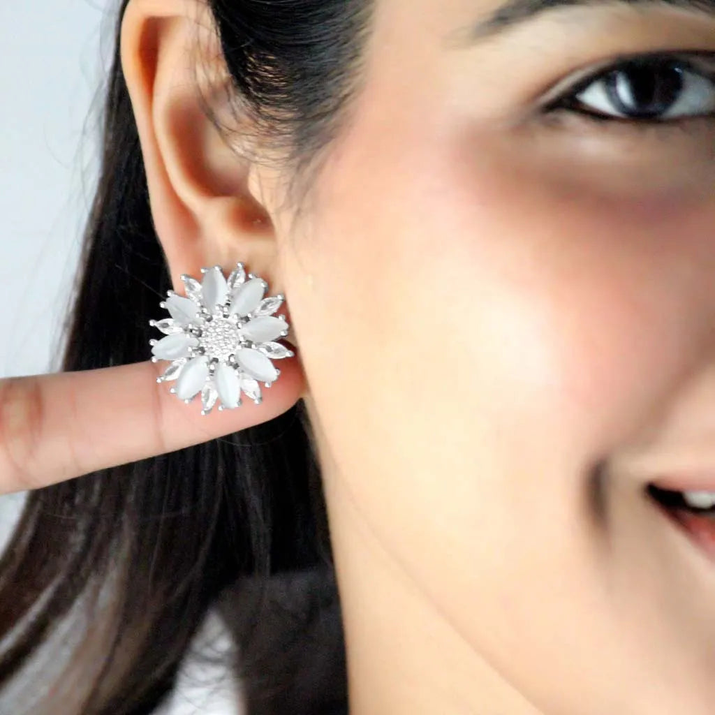 Silver Crystal Flower Earrings