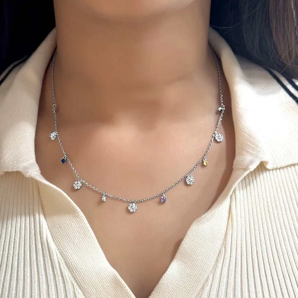 Silver Studded Floral Charms Necklace with Link Chain