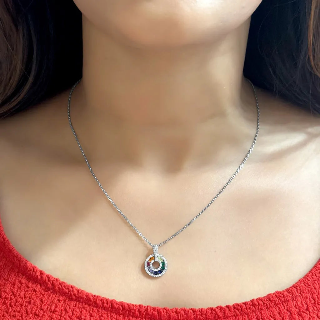 Silver Starlight Rainbow Circle Necklace with Link Chain