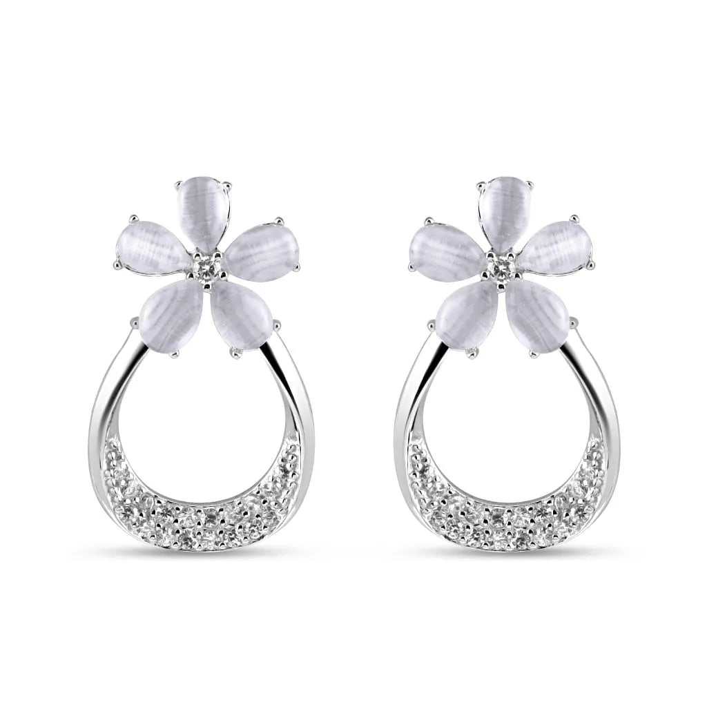Silver Blossom Halo Drop Earrings