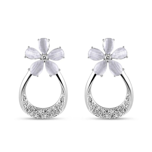 Silver Blossom Halo Drop Earrings
