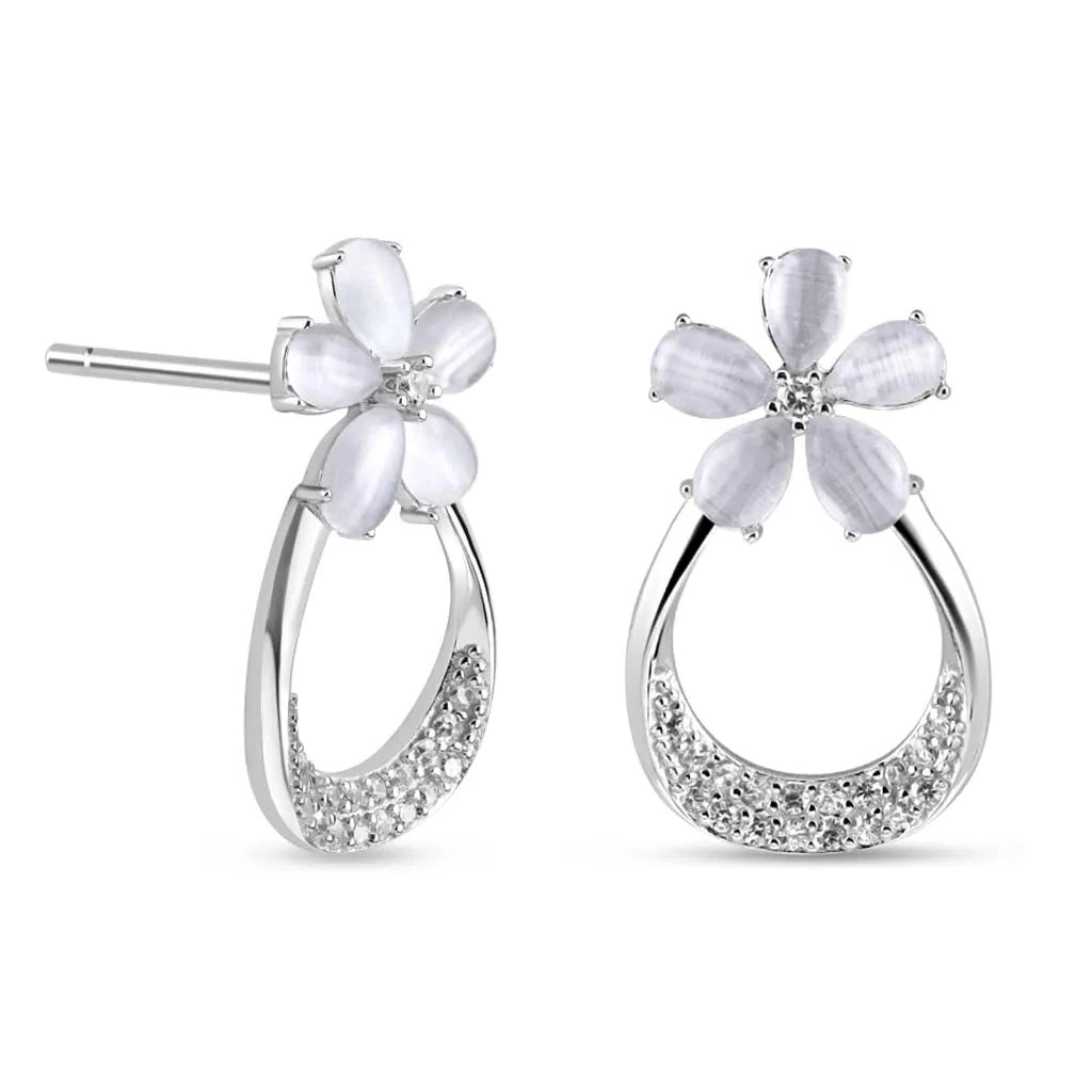 Silver Blossom Halo Drop Earrings