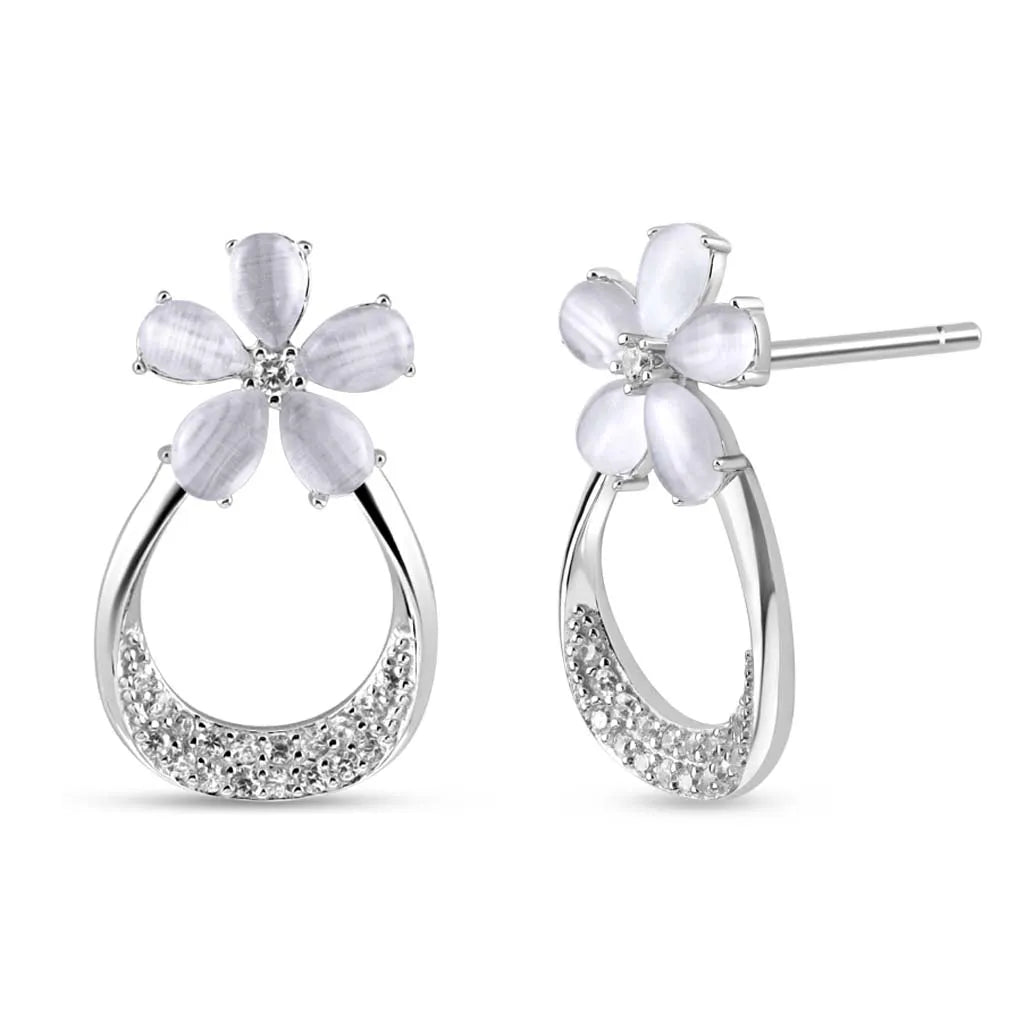 Silver Blossom Halo Drop Earrings