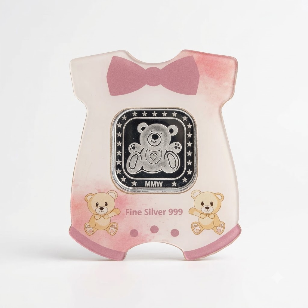 MMW Teddy Bear Baby Girl Silver Coin Gift Box