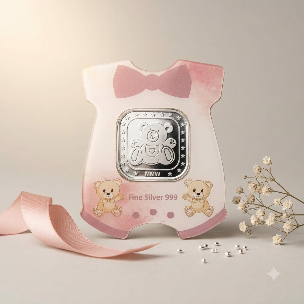MMW Teddy Bear Baby Girl Silver Coin Gift Box