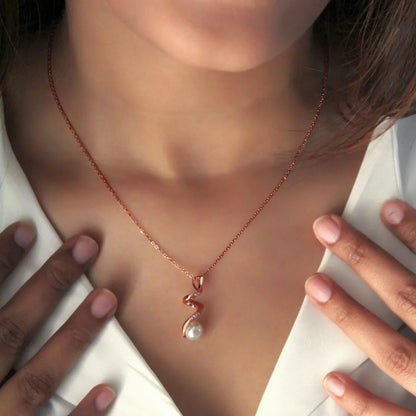 Rose Gold Spiral Pearl Drop Necklace with Link Chain