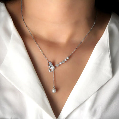 Silver Fluttering Butterfly Pearls Necklace with Link Chain