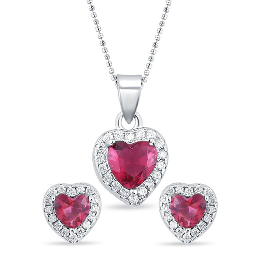 Silver Ruby Heart Set with Ball Chain