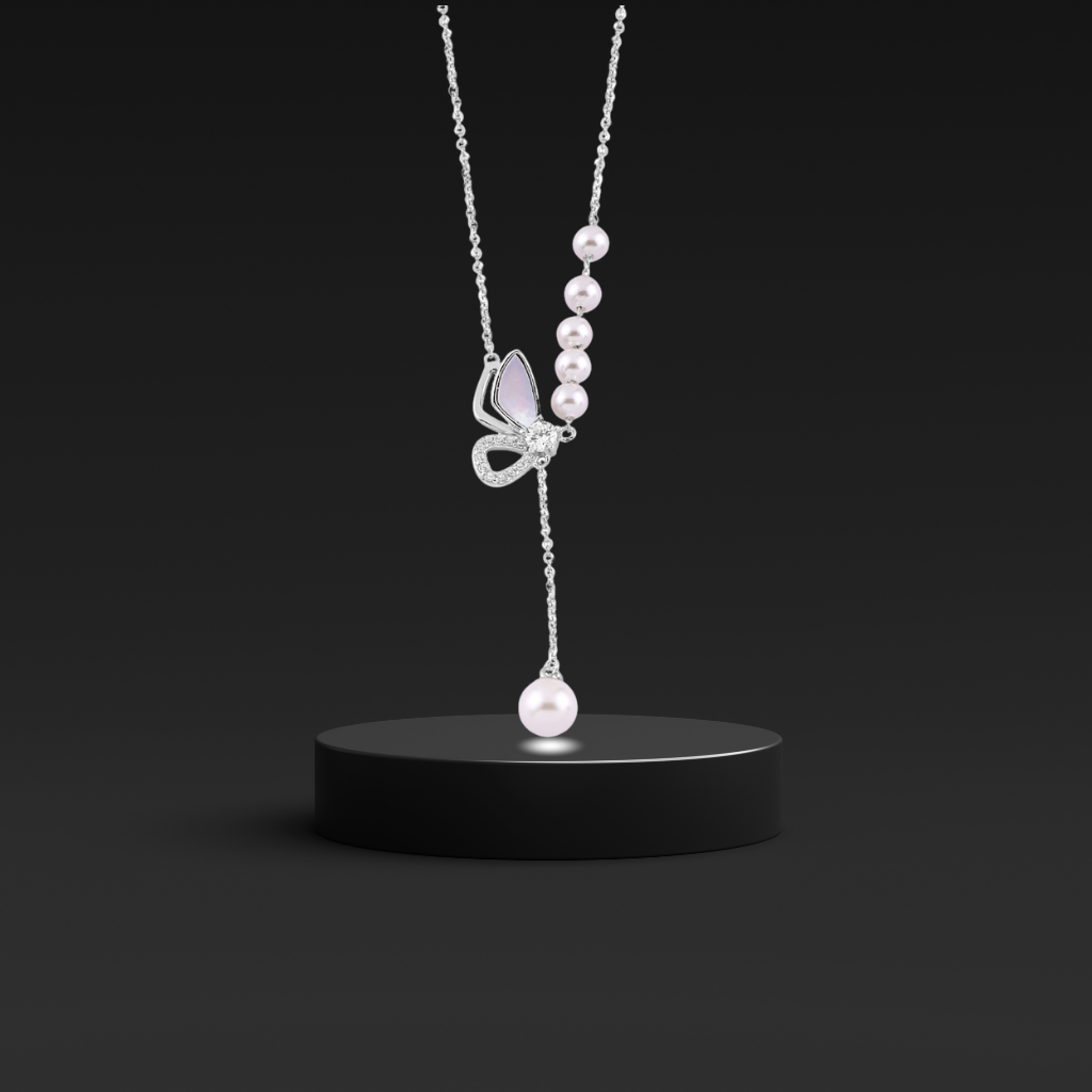 Silver Fluttering Butterfly Pearls Necklace with Link Chain
