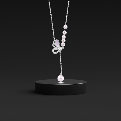 Silver Fluttering Butterfly Pearls Necklace with Link Chain