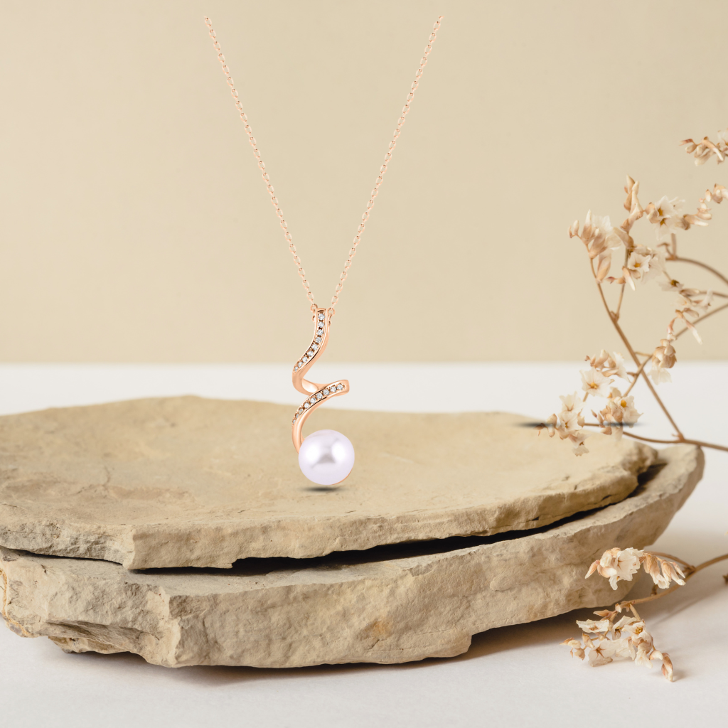 Rose Gold Spiral Pearl Drop Necklace with Link Chain