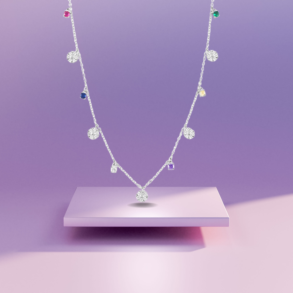 Silver Studded Floral Charms Necklace with Link Chain
