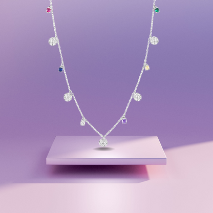 Silver Studded Floral Charms Necklace with Link Chain