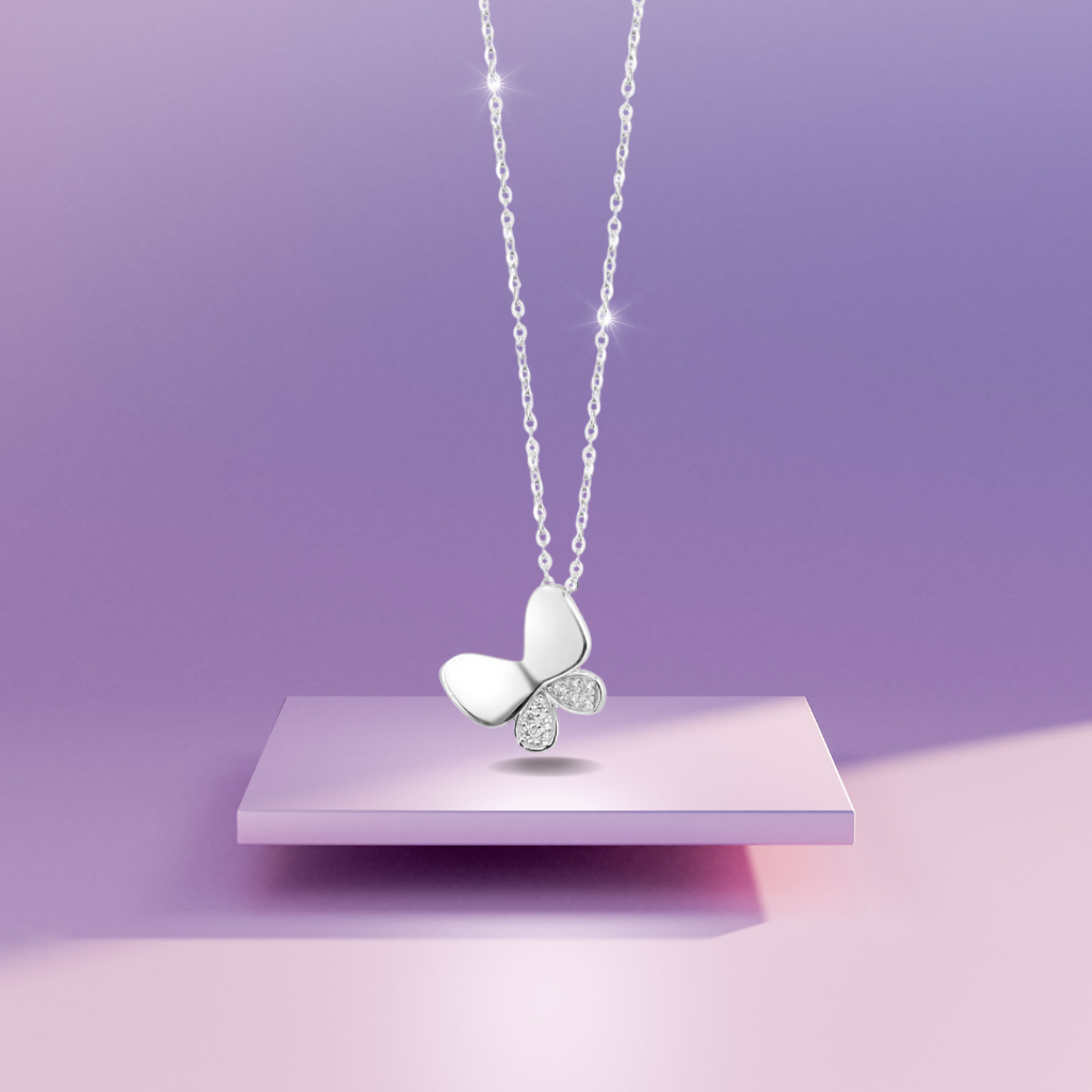 Silver Shimmering Wings Butterfly Necklace with Link Chain