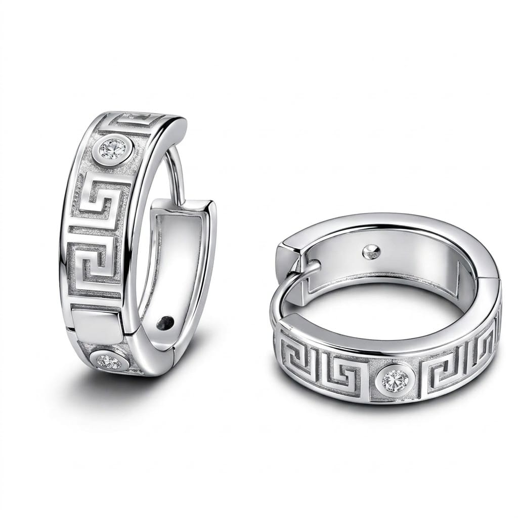 Greek Key diamond Huggie Hoop