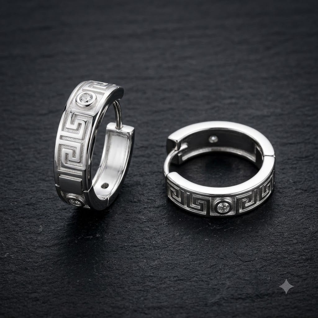 Greek Key diamond Huggie Hoop