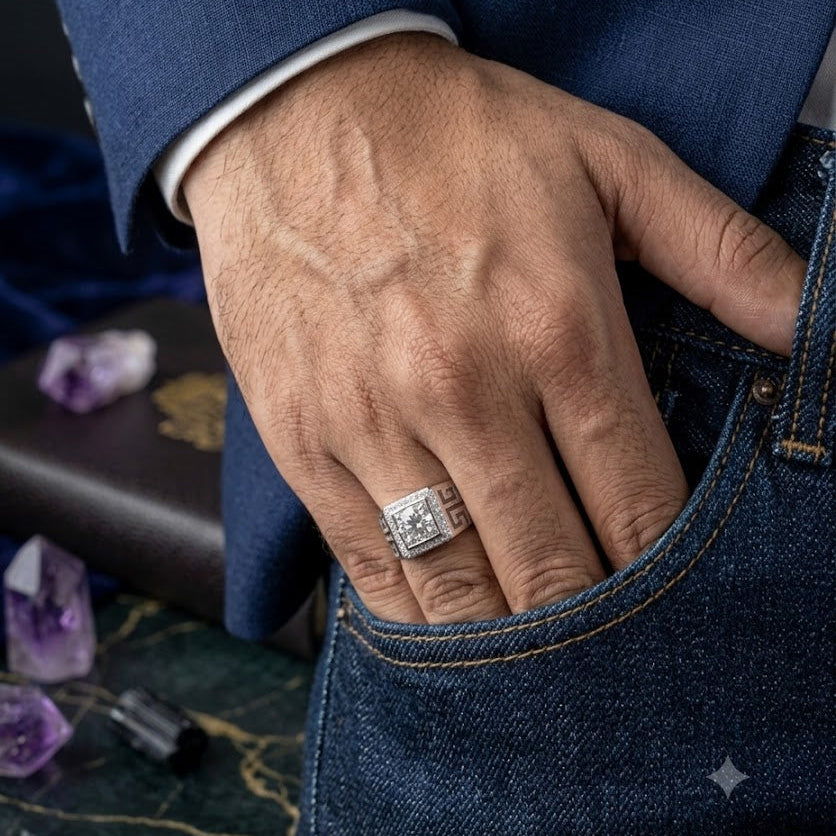 Silver Meander Motif Ring For Him