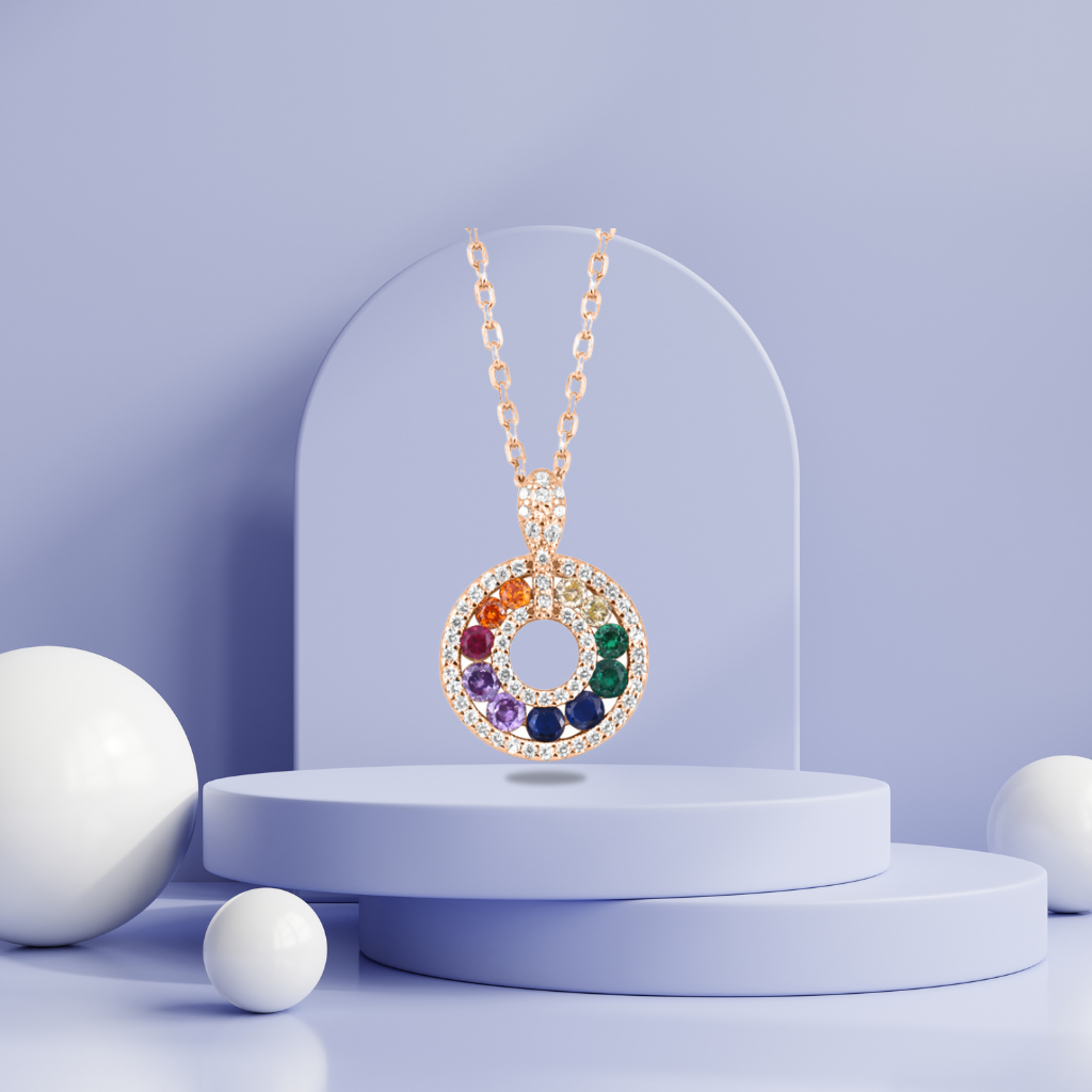 Rose Gold Starlight Rainbow Circle Necklace with Link Chain