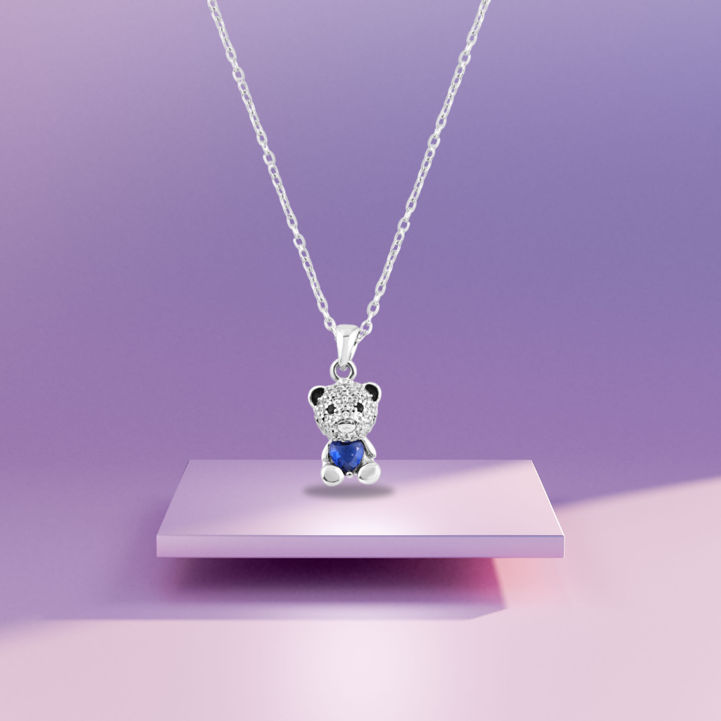 Silver Blue Bliss Bear Necklace with Link Chain