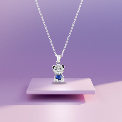 Silver Blue Bliss Bear Necklace with Link Chain