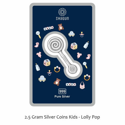 A Shagun Coins 2.5 Gram Silver Kids 'Lolly Pop' coin presented on a dark blue backing card with baby-themed illustrations, centered on a white background.