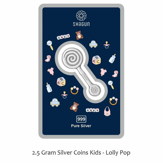 A Shagun Coins 2.5 Gram Silver Kids 'Lolly Pop' coin presented on a dark blue backing card with baby-themed illustrations, centered on a white background.