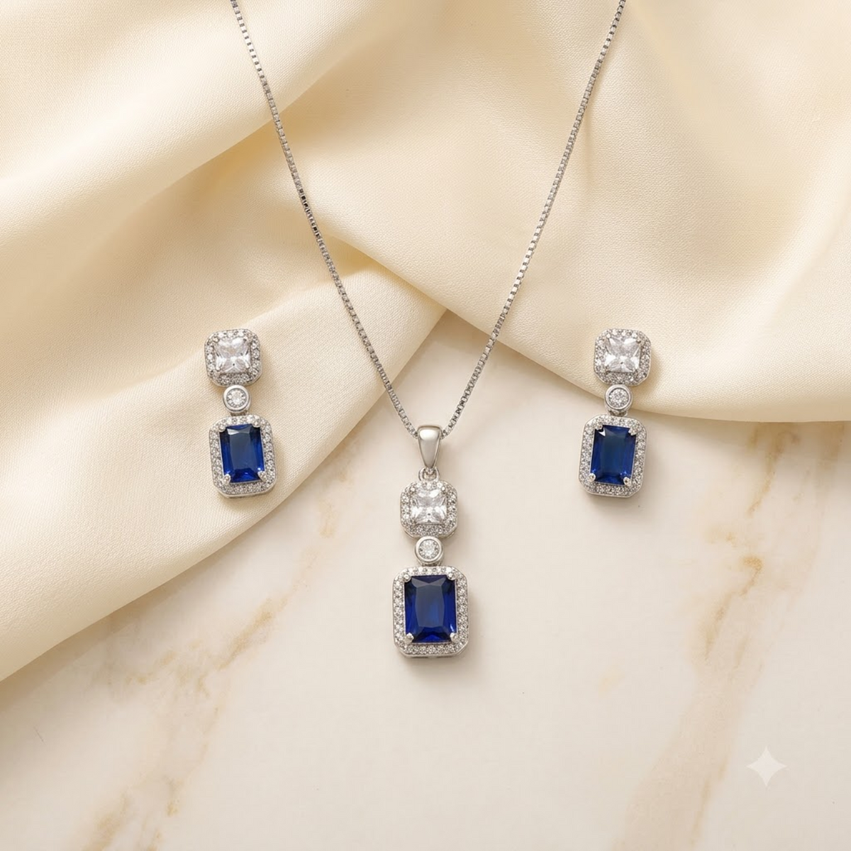 Silver Blue Stone Rectangle Pendant Set