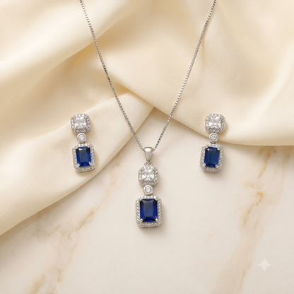 Silver Blue Stone Rectangle Pendant Set