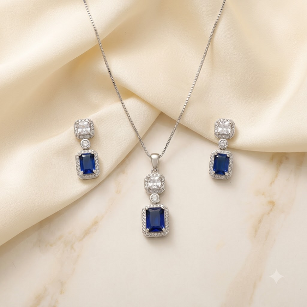 Silver Blue Stone Rectangle Pendant Set