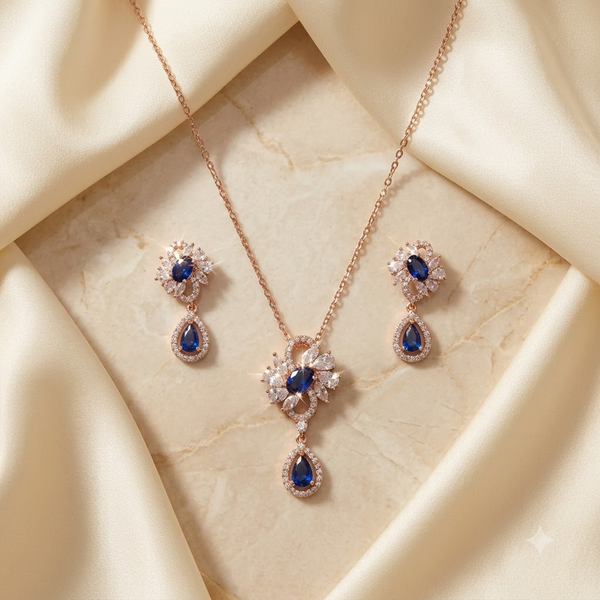 Rose Gold Blue Teardrop Pendant Set