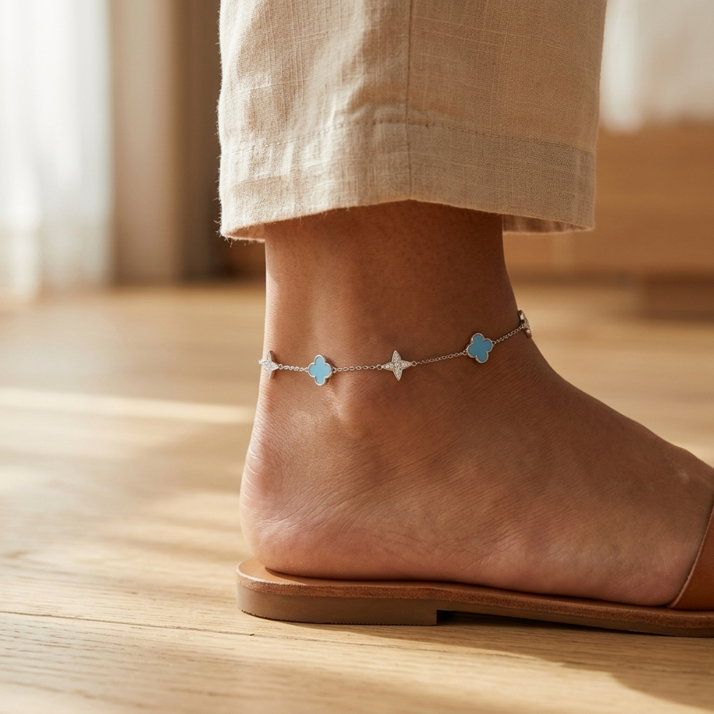Silver Blue Flower Single Anklet