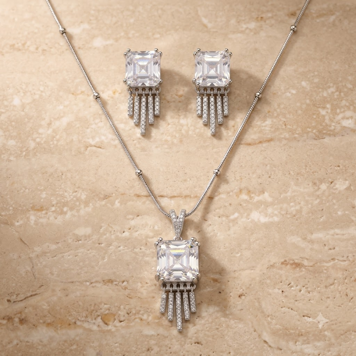 Silver Geometric Crystal Pendant Set