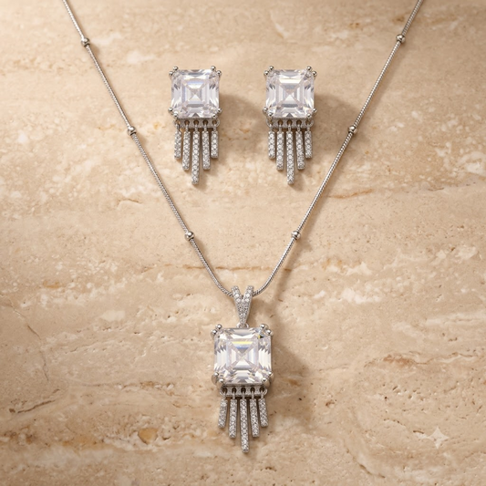 Silver Geometric Crystal Pendant Set