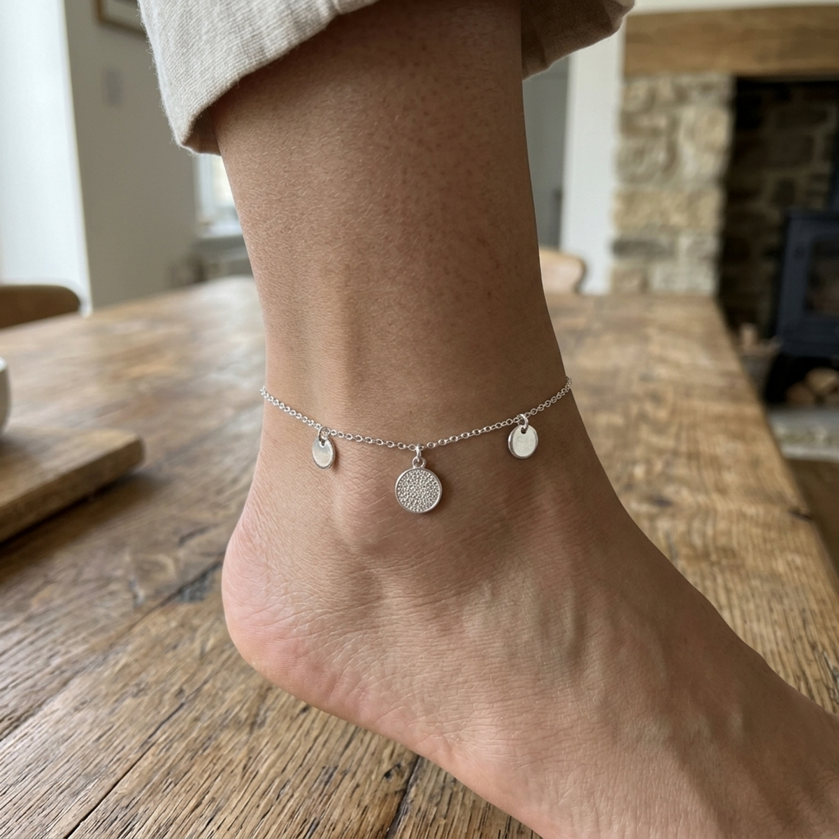 Silver Round Crystal Charm Single Anklet