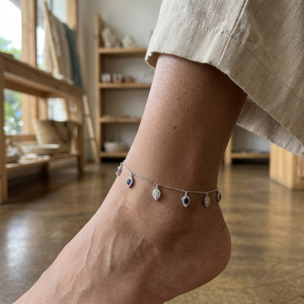 Silver Blue Leaf Drop Single Anklet