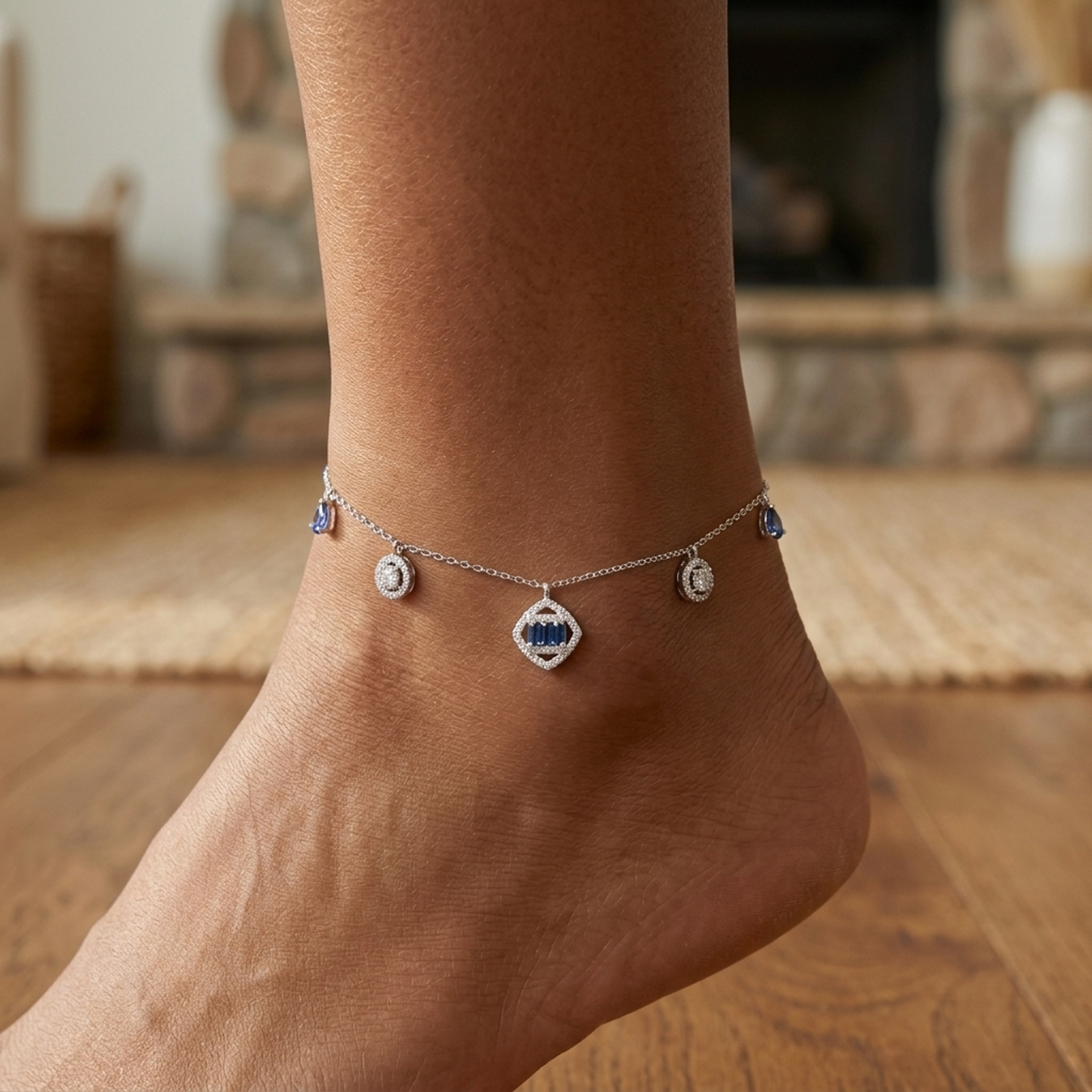 Silver Blue Drop Charm Single Anklet