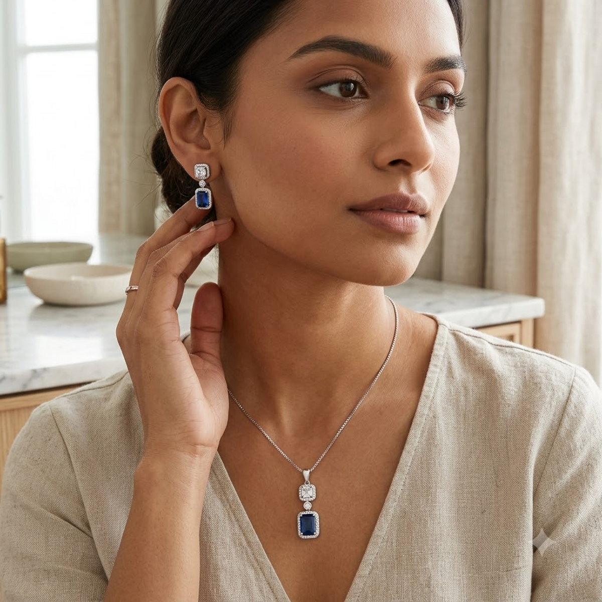 Silver Blue Stone Rectangle Pendant Set