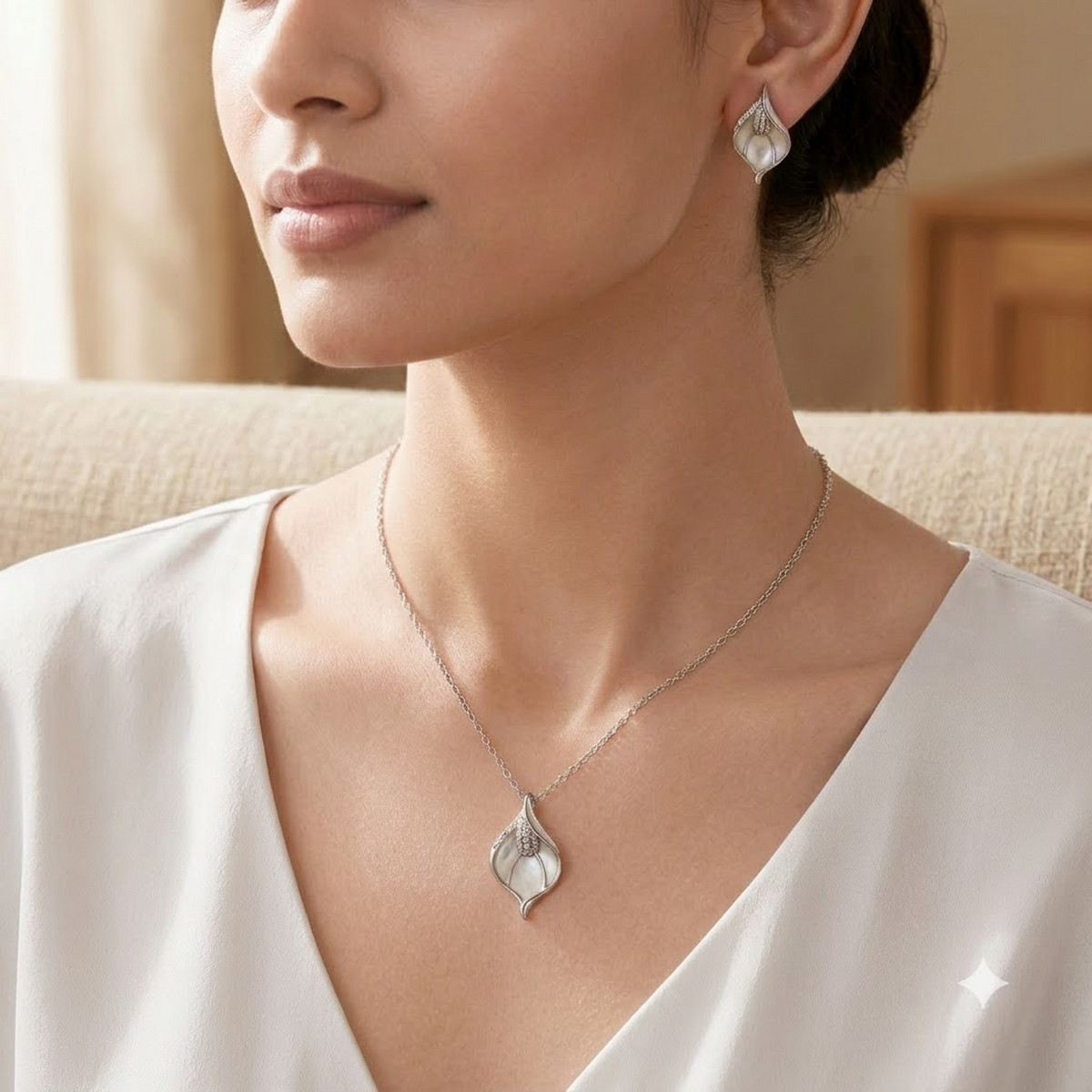 Silver Leaf Teardrop Pendant Set