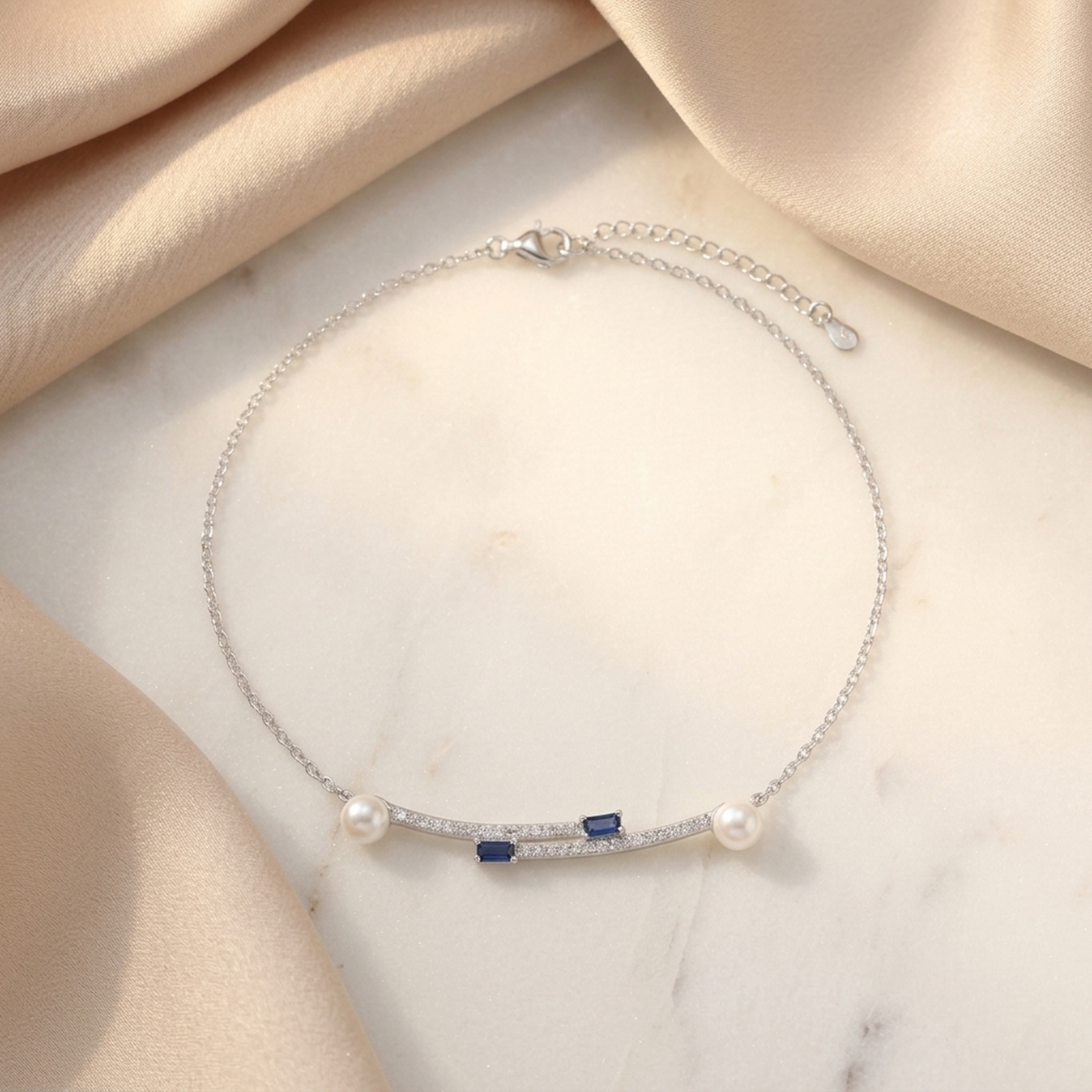 Silver Pearl Blue Stone Single Anklet