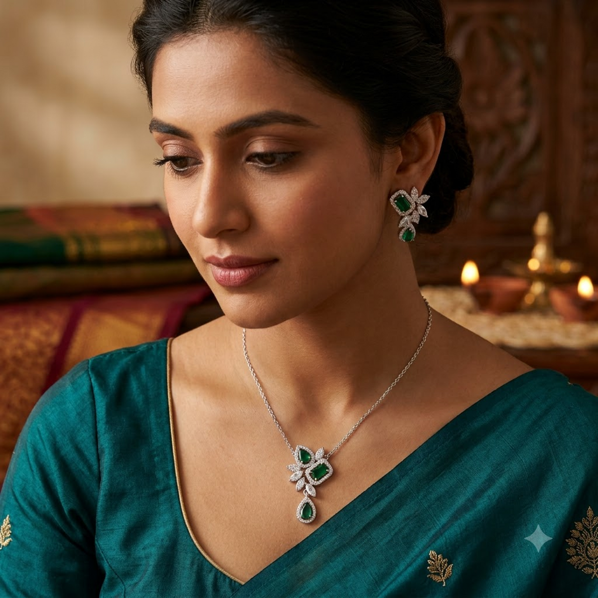 Silver Emerald Teardrop Pendant Set