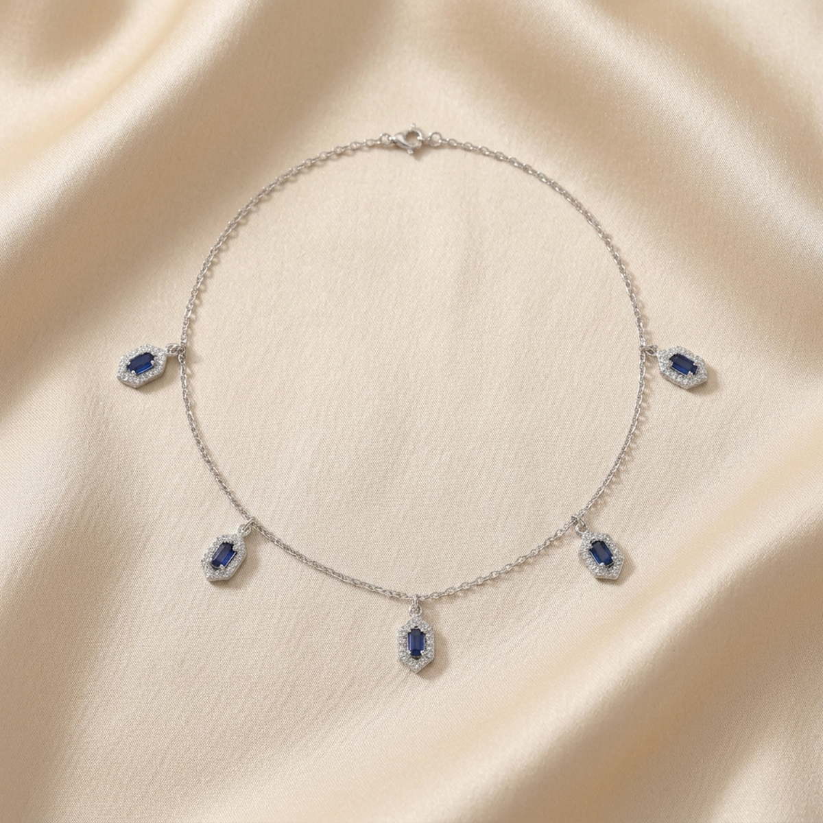 Silver Blue Emerald Cut Charm Single Anklet