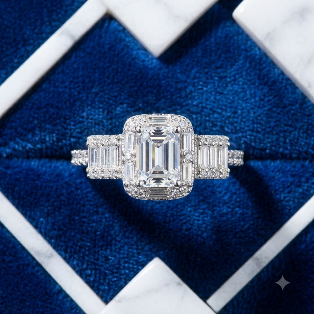 Emerald-Cut Three-Stone Halo Ring