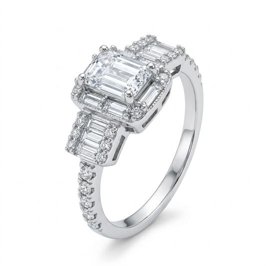 Emerald-Cut Three-Stone Halo Ring