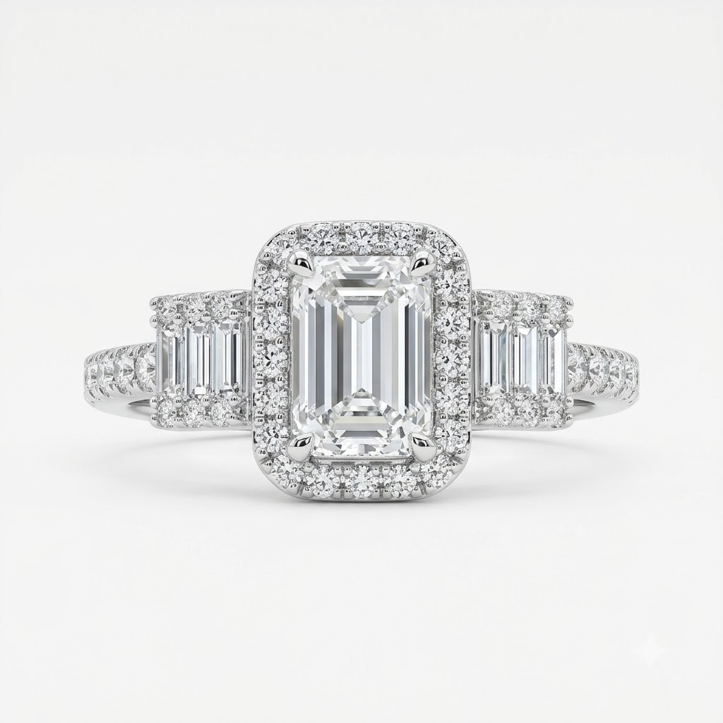 Emerald-Cut Three-Stone Halo Ring