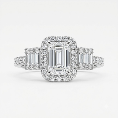Emerald-Cut Three-Stone Halo Ring