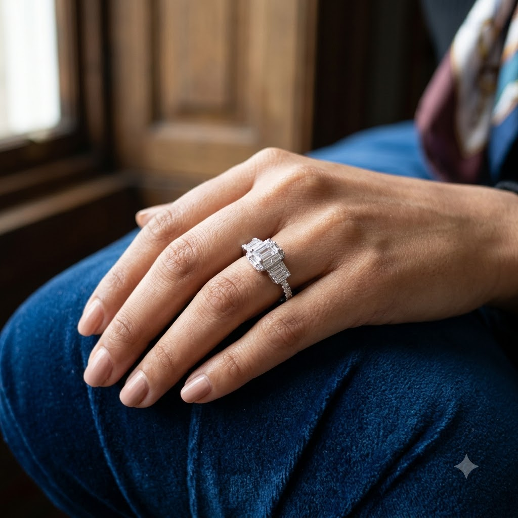 Emerald-Cut Three-Stone Halo Ring
