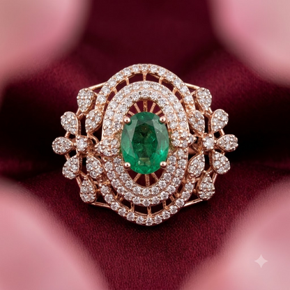 Rose Gold Emerald & Diamond Swirl Ring
